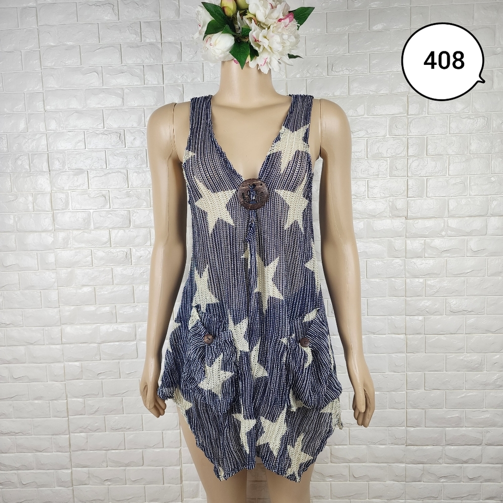 Paradise Small Navy Blue Beige Loose Top | Star Print Casual Blouse
